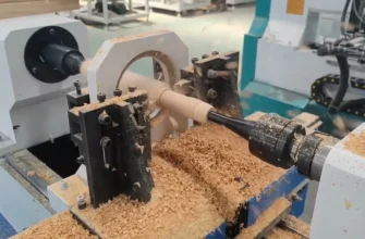 CNC wood lathe machine turning hardwood in workshop