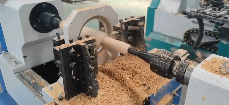 CNC wood lathe machine turning hardwood in workshop