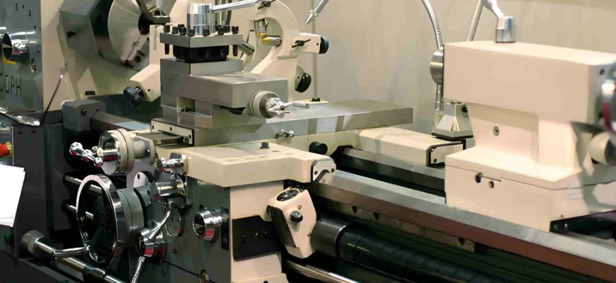 Manual engine lathe machining metal shaft in workshop