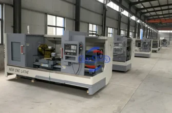Modern CNC lathe machine with automatic tool changer in industrial workshop