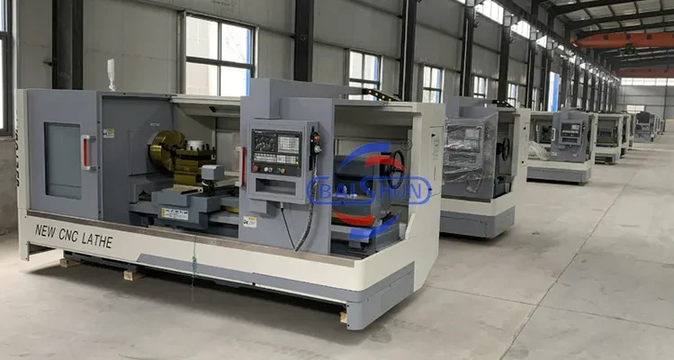 Modern CNC lathe machine with automatic tool changer in industrial workshop