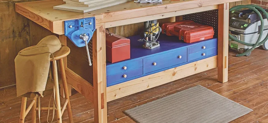 Compact mini wood lathe on workbench for DIY woodworking projects