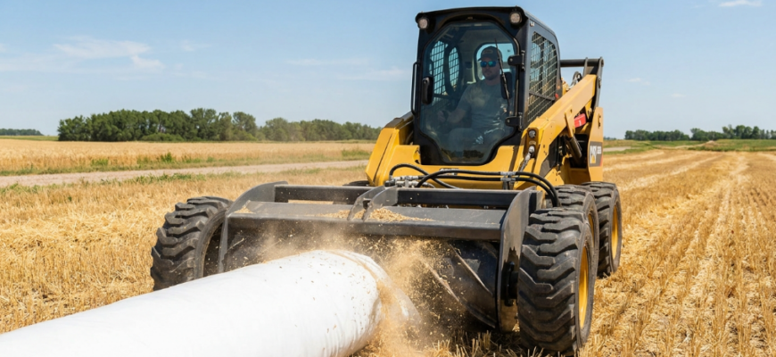 Grain bag roller for skid steer – Kirchner model loading grain into bag