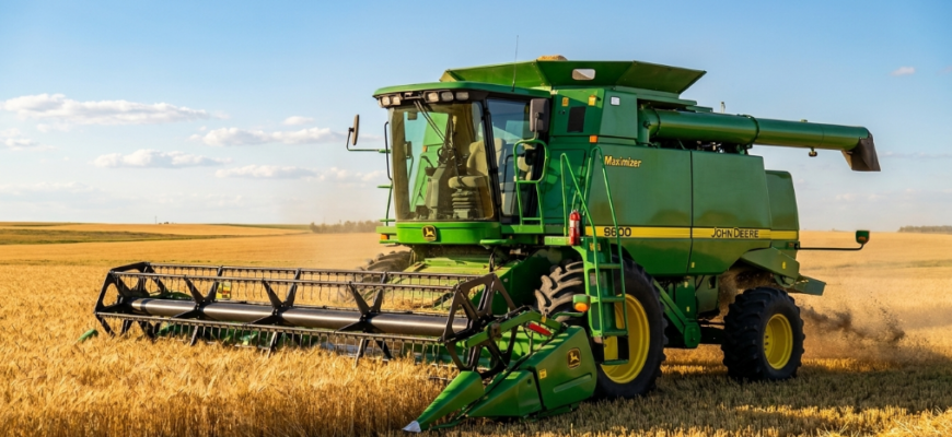 John Deere 9600 combine harvester in field - specs engine horsepower and grain tank capacity view