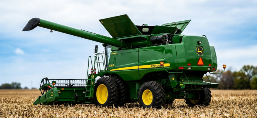 John Deere 9770 STS combine with raised grain bin and extended auger on stubble field - official specs and for sale