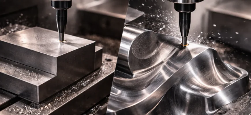 Kellering machining process creating complex 3D contoured surface on CNC machine compared to standard milling