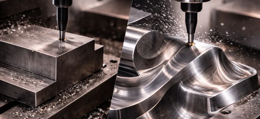 CNC machining comparison showing Kellering toolpath for complex 3D surface milling versus traditional milling approach