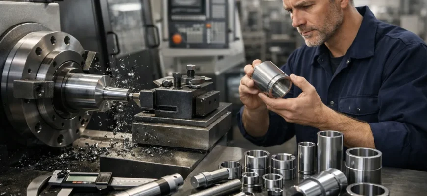 Industrial lathe machining setup showing metal turning operation with cutting tool and rotating workpiece