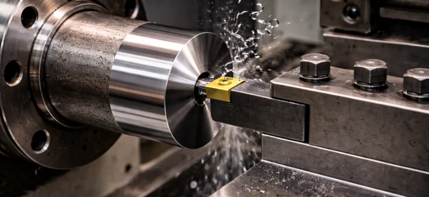 CNC lathe machining a precision metal part with cutting tool, coolant, and high-accuracy turning process in an industrial manufacturing environment