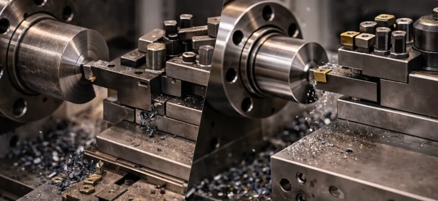 Lathe tooling setup with cutting tools, parting tools, holders, carbide inserts, and quick-change tool post on a metal lathe