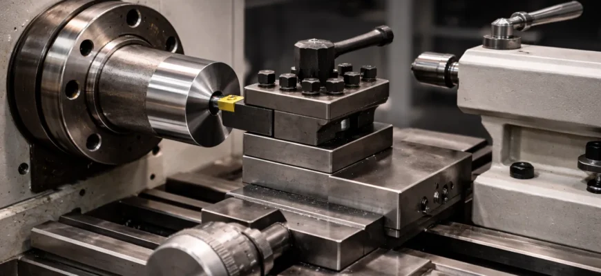 Metal lathe machine with rotating workpiece, cutting tool, carriage, chuck, and key parts visible in a machining workshop
